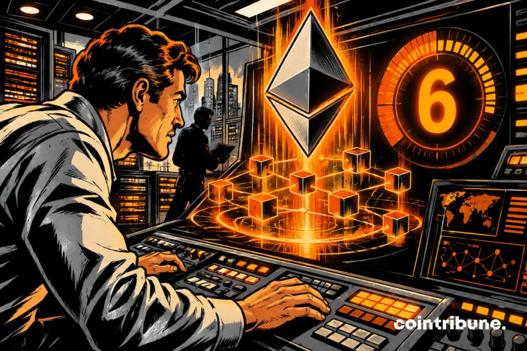 An engineer monitors Ethereum in a retro-futuristic control room, while an orange countdown mysteriously displays the number 6.