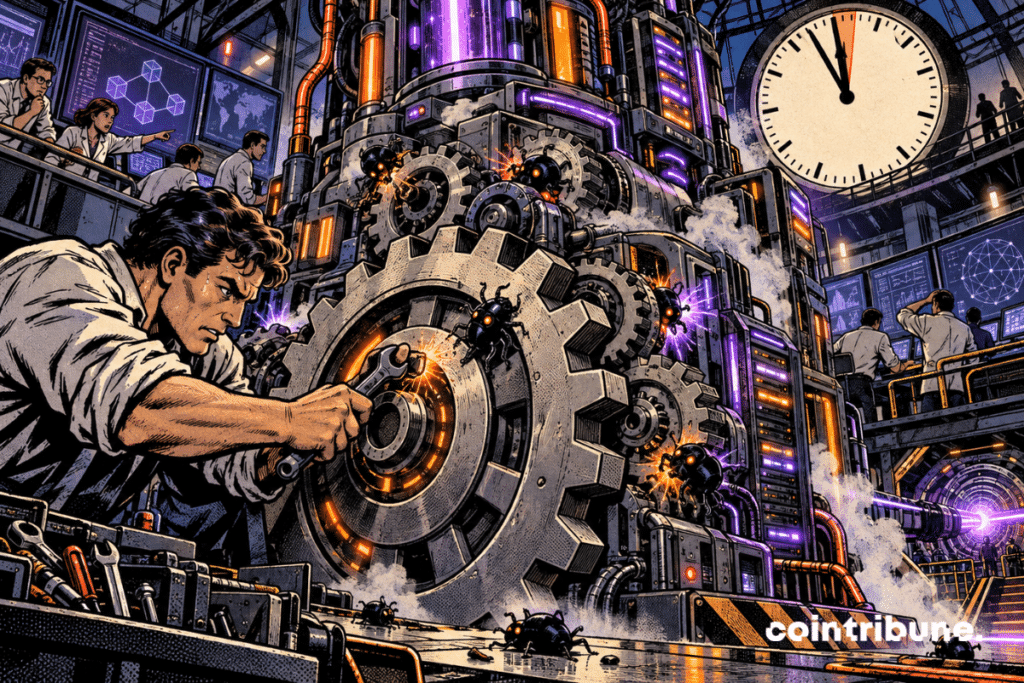 Crypto developers repair a blockchain machine stuck with bugs as the clock nears its deadline.