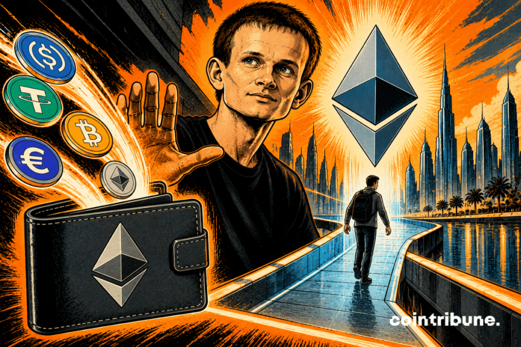 Vitalik Buterin raises a hand near an Ethereum wallet, surrounded by cryptocurrencies, a giant Ethereum symbol and futuristic skyscrapers.