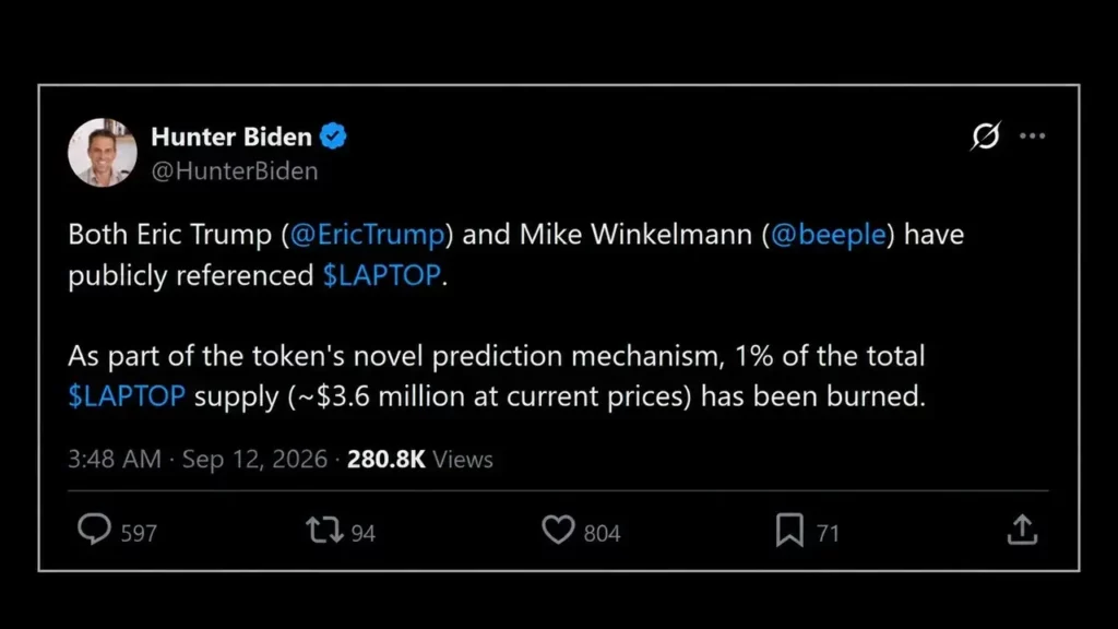 Hunter Biden confirmed both events, and the project account announced the withdrawal of 1% of the total supply from circulation, or 10 million tokens, approximately $3.56 million at the current price. Neither Beeple nor Eric Trump purchased the LAPTOP memecoin, supported it, or commented on its economic functioning. They just named it, and the supply moved on its own.
