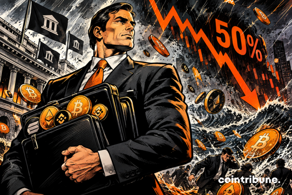 An institutional investor holds a briefcase full of bitcoin and other cryptocurrencies in the face of a 50% market drop.