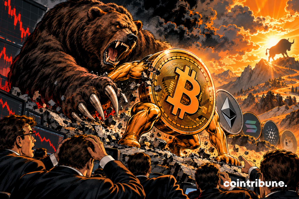 A gigantic black bear occupies the left part of the image. Its massive paw held a huge Bitcoin coin to the ground, on a cracked financial platform. Bitcoin is now starting to free itself from its clutches and recover. The bear looks at his paw with an expression mixing anger and surprise, as if he is gradually losing his control. To the right, a bright orange opening appears between the clouds. A powerful bull is only visible as a very distant silhouette, so as not to prematurely announce a crypto bull market.