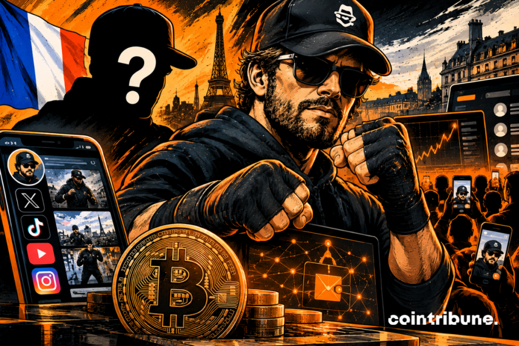 A masked and gloved man boxes in front of the Eiffel Tower, surrounded by smartphones, crowds, Bitcoin, coins, digital networks and a mysterious silhouette.