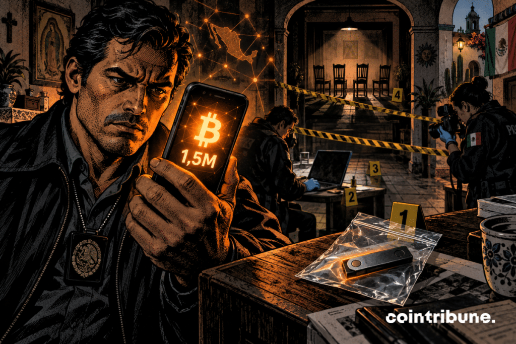 A large digital vault containing a Bitcoin is placed in the center of an investigation room.
