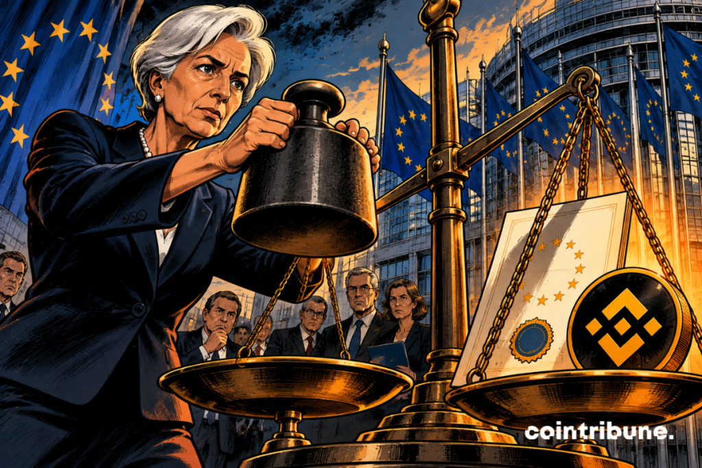 In an imposing European institutional room, a gigantic scale occupies the center of the image. On a tray lies a blank official document, marked only by a graphic seal composed of European stars, accompanied by a large token bearing the yellow geometric symbol of Binance. The scale is initially almost balanced. Christine Lagarde occupies about two-thirds of the foreground. Expression firm and concentrated, she holds in her hands a heavy black metal weight which she slowly approaches from the opposite tray. The weight hasn't hit the scales yet. The scene is frozen a few centimeters before the decisive gesture.