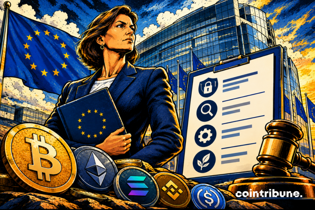 MiCA and ESMA at the heart of European supervision of cryptocurrencies, with regulatory symbols, Bitcoin and Ethereum.