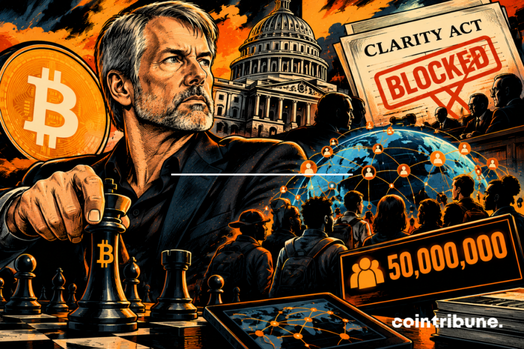 Michael Saylor holds a Bitcoin piece and a chess piece, in front of the Capitol, a crowd, a connected world map and files.