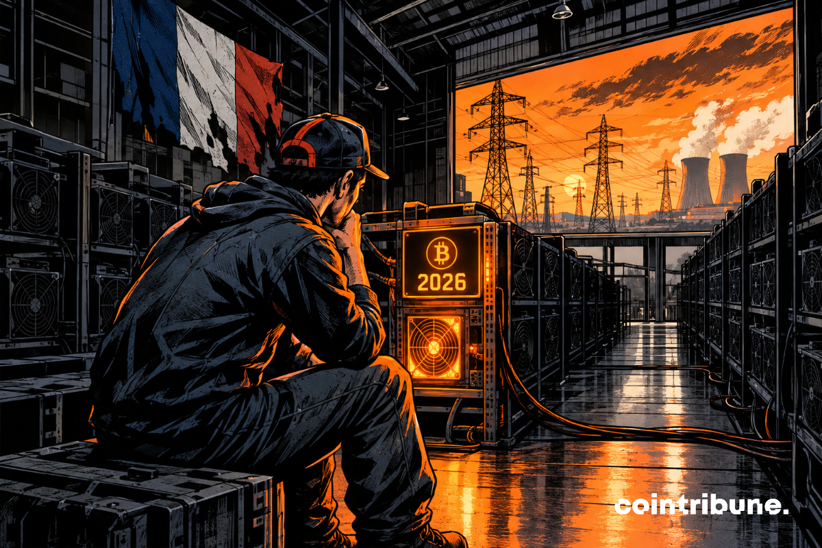 A lone miner gazes at the last active Bitcoin machine on a deserted French farm.