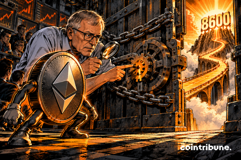 Peter Brandt occupies the foreground in a gigantic mechanical trading room. He examines with a magnifying glass an enormous metal lock placed in the center of a monumental door. Behind this door appears a spectacular orange ramp that rises towards a light platform displaying only 8600. In front of the door, a large piece of Aether waits, tilted slightly forward as if ready to start upon opening. Brandt points to a small part of the lock mechanism with a concentrated expression: it is this which seems to condition the entire opening.