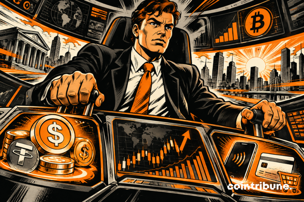 Illustration of Revolut's crypto strategy with trading, stablecoins, Bitcoin and digital payments.