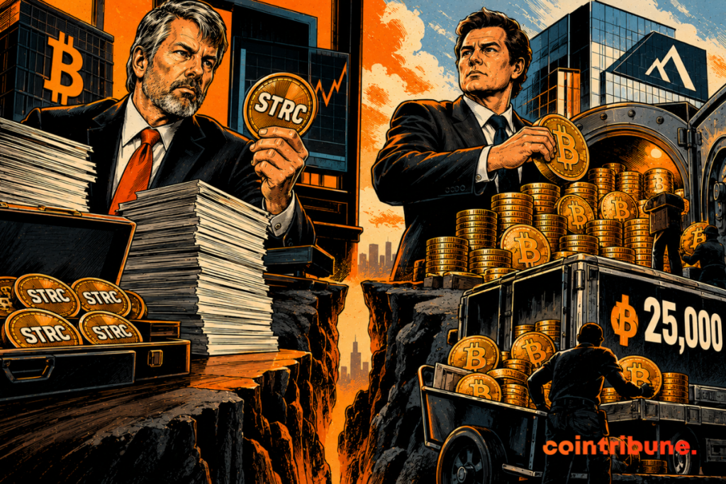Michael Saylor holds an STRC token in front of an executive stacking Bitcoins, separated by a crack, charts and vaults.