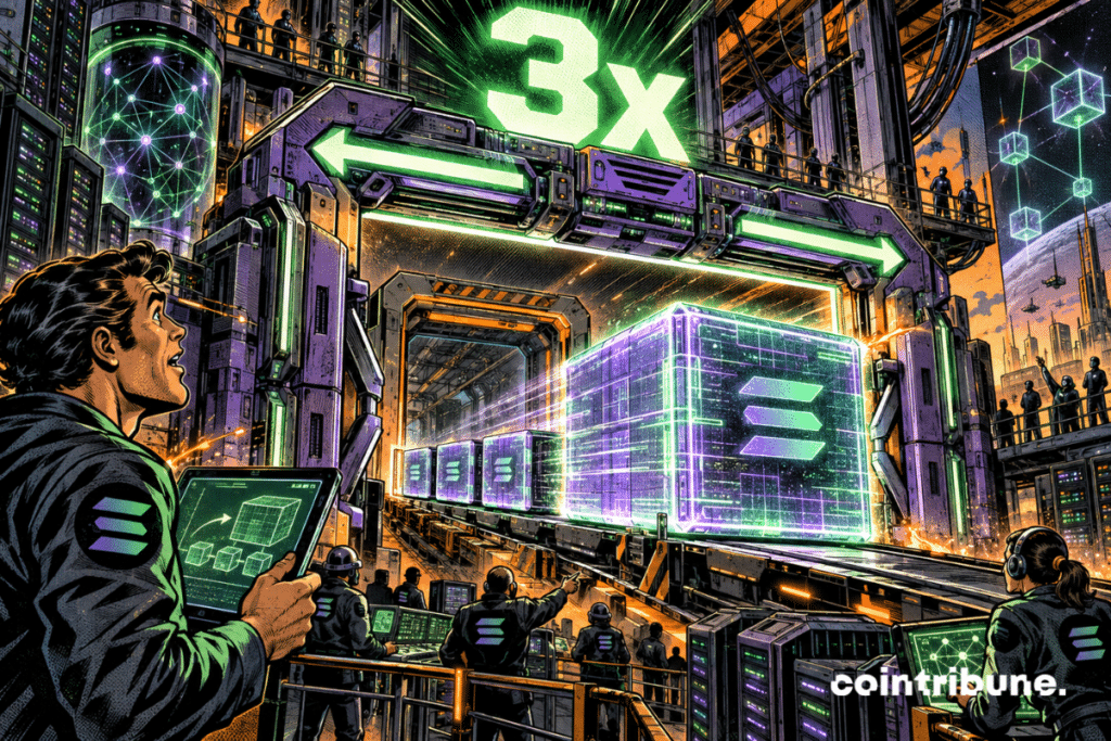 A three times larger Solana crypto transaction block crosses an expanded blockchain infrastructure.