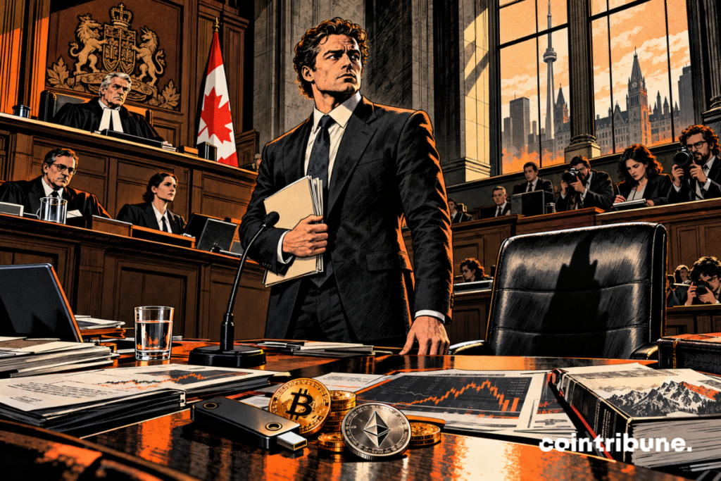 A defendant stands alone in a Canadian court, with an empty lawyer's chair and crypto items on the table.