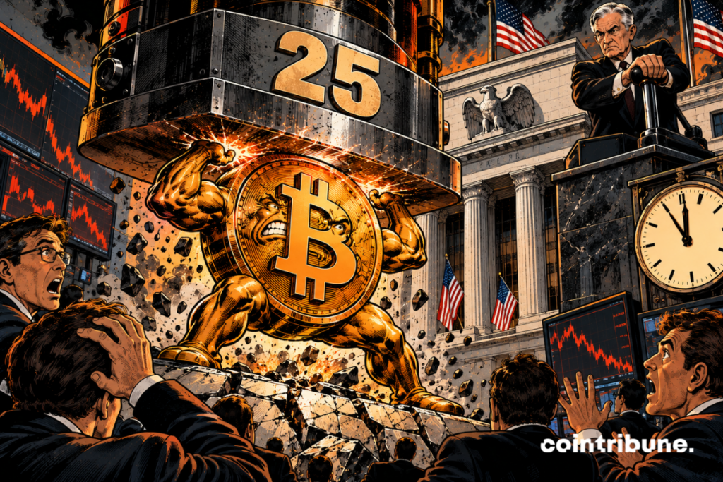 A huge personified Bitcoin coin, massive and metallic, is standing on a financial platform. It takes up almost two thirds of the image. Above her descends a gigantic industrial press controlled by a central bank official in front of an American neoclassical building. On the press mechanism appears only 25. The press has just come into contact with Bitcoin. The metal creaks, the ground cracks, and Bitcoin is squeezed slightly, but it refuses to give. Several traders in the foreground were clearly expecting a fall and are watching the scene in amazement.
