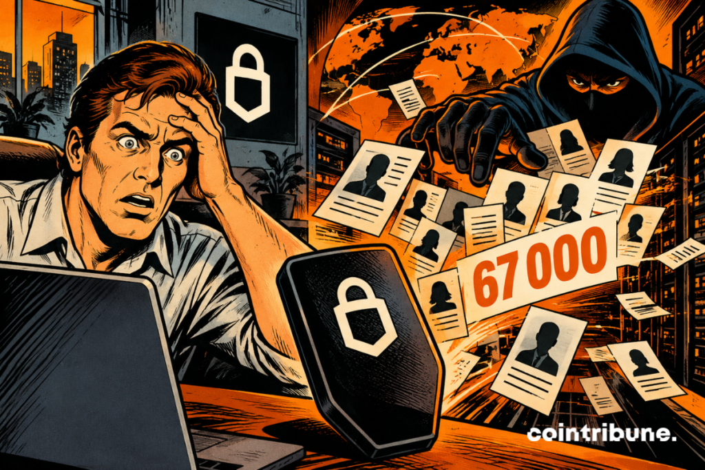 Illustration of a Trezor data leak showing 67,000 US customers exposed and personal information scattered around a secure wallet.