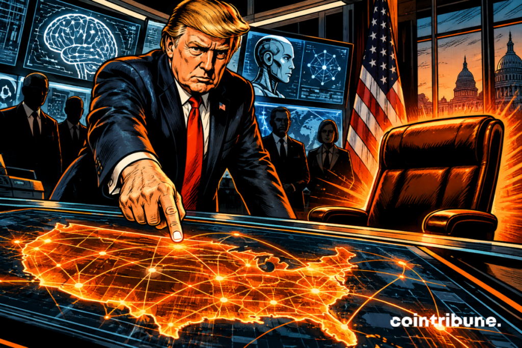 Trump runs a futuristic command room, while a connected US map symbolizes the national mobilization around artificial intelligence.