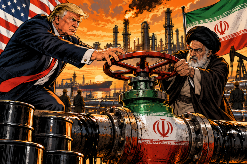In a gigantic oil terminal in the Middle East, Donald Trump occupies the foreground, leaning slightly forward, with a determined expression. His hand is outstretched towards a huge industrial valve connected to several pipelines filled with black oil. The valve and pipes visually bear the colors of the Iranian flag. Trump is captured just before grabbing the wheel: he does not yet control it. On the other side, an Iranian official is already gripping the valve with a tense expression, creating an immediate face-off.