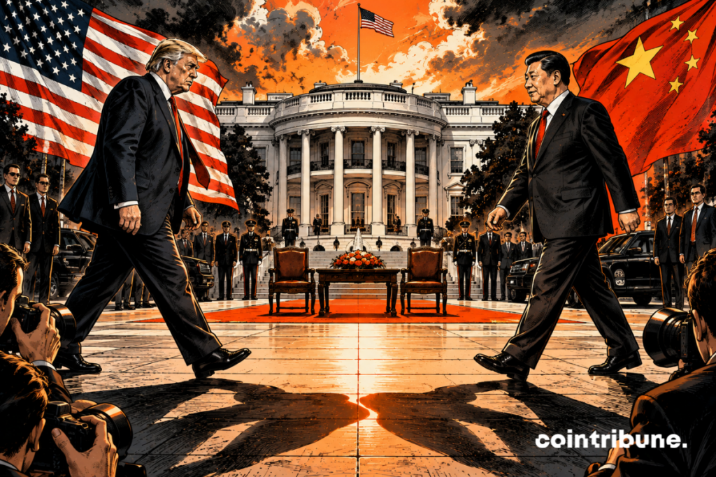 On the White House esplanade, Donald Trump arrives from the left, Xi Jinping from the right. The two leaders together occupy about two-thirds of the image. They advance towards each other with serious and determined expressions, but their hands still remain separated: a few meters separate them before they meet. Behind Trump flies a large American flag. Behind Xi, a large Chinese flag. The two flags are pushed by the wind towards the center of the image. In the middle, between the two men, is a small empty diplomatic table with two armchairs waiting for them in front of the White House.