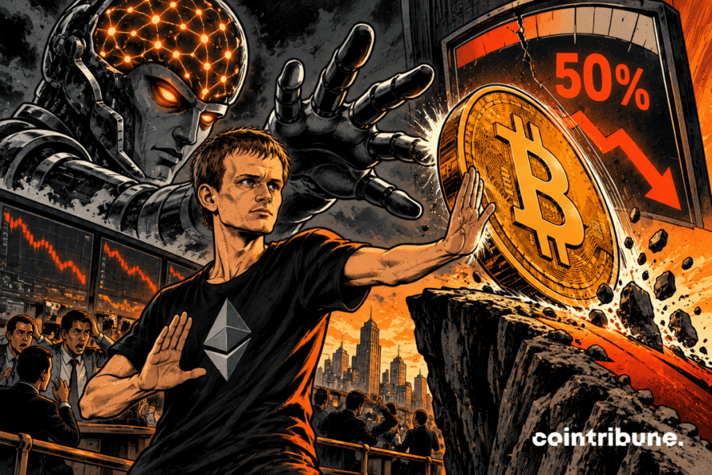 Vitalik Buterin stands in the foreground in front of a gigantic golden Bitcoin that is plunging towards a dramatic downward slope. He firmly extends a hand towards the Bitcoin, as if to stop its fall, with a calm and skeptical expression. Behind him, a huge luminous artificial brain casts a menacing shadow on the stage. A large mechanical gauge reads 50%, while a needle is stuck before reaching the panic zone.