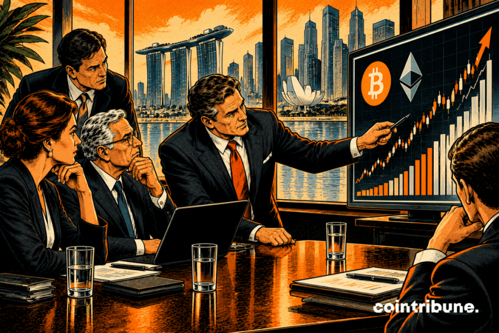 Managers in suits look at a screen displaying Bitcoin, Ethereum and bullish charts, around a table with computers and files.