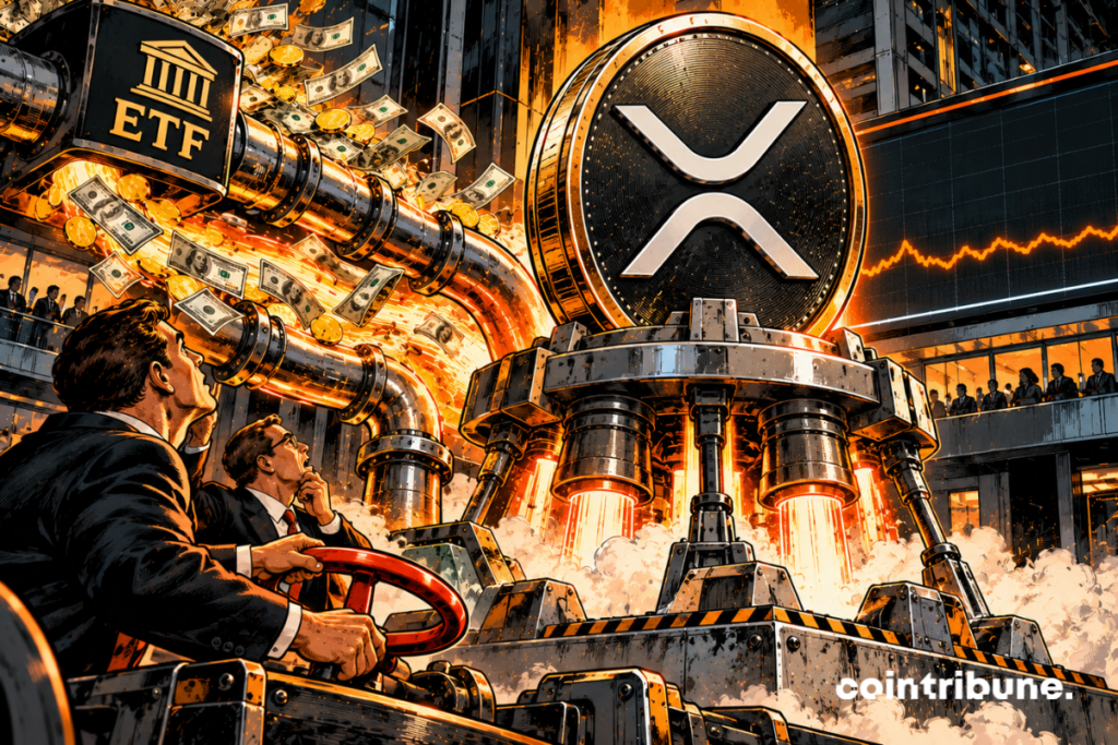 A gigantic XRP coin occupies the center of the image, installed on a metal launch pad resembling a financial rocket. Beneath XRP are several huge institutional engines connected to conduits. From the left, torrents of capital arrive faster and faster in these pipes: suitcases, abstract pieces and luminous flows are sucked up by a gigantic financial pump. The engines turn bright orange, shudder and spit sparks under pressure. However, XRP remains almost placed on the platform, only a few centimeters from the ground. In the foreground, two institutional investors watch the scene in amazement: one opens the floodgate completely while the other stares at XRP, unable to understand why it is not rising.