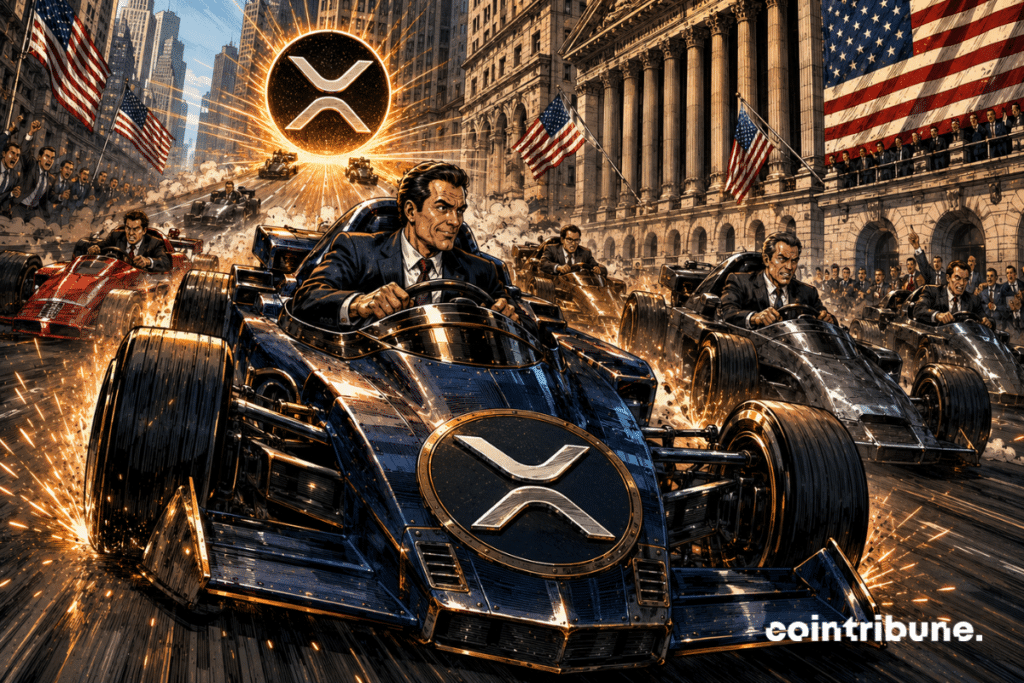 The Wall Street Stock Exchange is transformed into a spectacular financial runway. Several executives in suits pilot huge armored vehicles representing the big banks. In the foreground, a dark blue and black vehicle, more imposing than the others, has just taken a clear lead. Its driver displays a determined expression. In front of him floats a gigantic metallic XRP symbol surrounded by an orange halo, like a destination to reach.