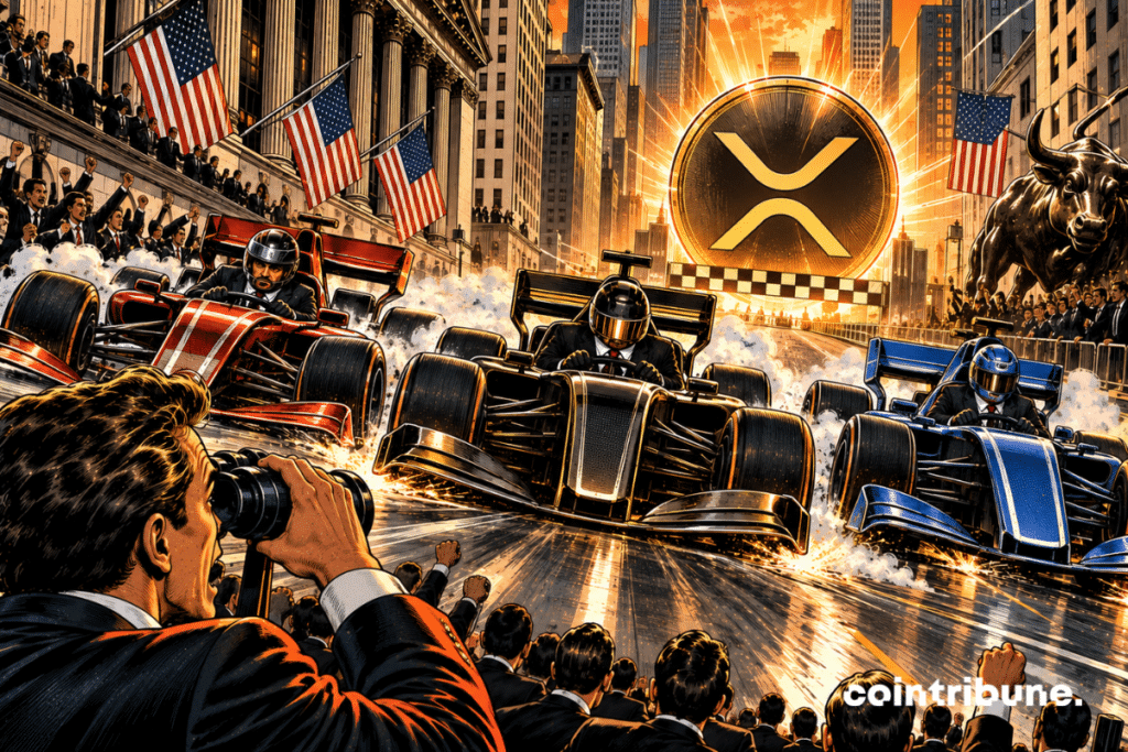 Wall Street becomes a huge race track. Three powerful armored vehicles piloted by bankers in suits charge side by side towards a gigantic glowing XRP symbol. The first two vehicles are almost perfectly aligned, while a third tries to overtake them from the outside. In the foreground, a trader watches the battle through binoculars, mouth open.
