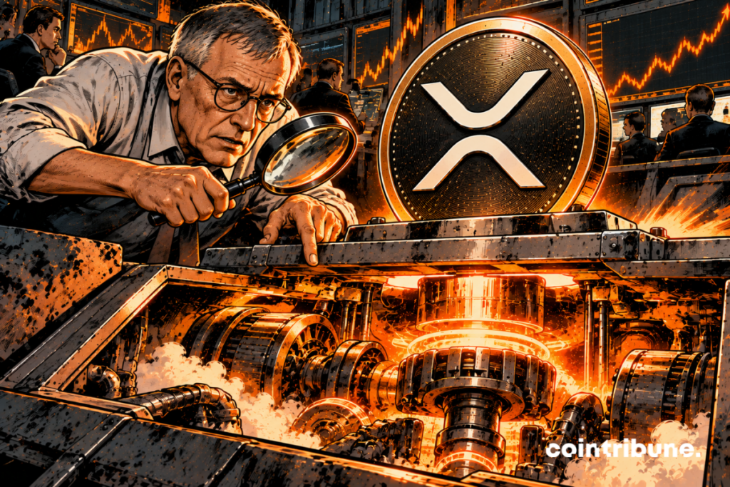 Peter Brandt crouches in the foreground in an industrial trading room. He examines with a magnifying glass an imposing XRP coin placed on a metal platform. On the surface, XRP remains completely stationary. But Brandt has just opened a small hatch under the platform and discovers with amazement a gigantic orange engine, made up of turbines, pistons and gears, which descends deep into the ground. The engine is only starting to ignite: a few turbines are already spinning and a powerful orange light is rising through the cracks. Brandt points at the mechanism with an expression combining concentration and conviction, while several traders behind him still only see the immobile XRP.
