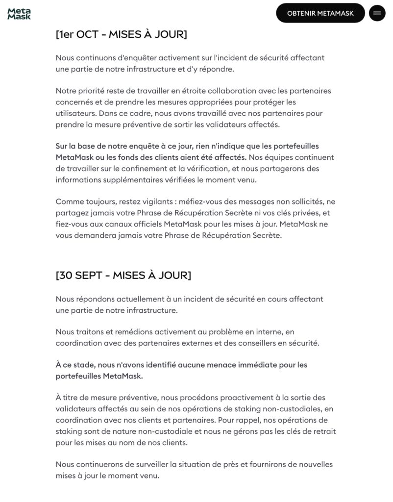 MetaMask insists on the non-custodial nature of its staking and specifies that it has not identified any immediate threat to MetaMask wallets.