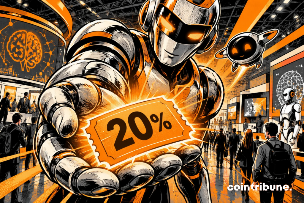 Illustration of a robot holding out an orange 20% discount ticket at an artificial intelligence trade show