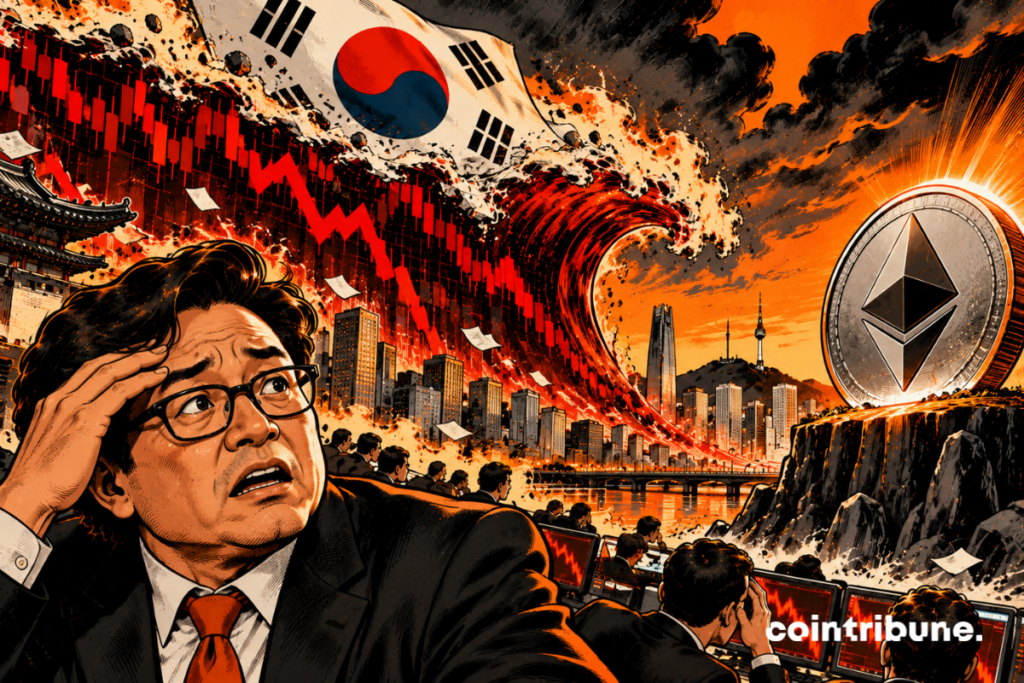 Tom Lee worried in the foreground, a gigantic financial wave resulting from the fall of the South Korean stock market, with South Korean flag and Seoul skyline, threatens a huge Ethereum coin on a still intact platform. The wave has not yet reached Ethereum.