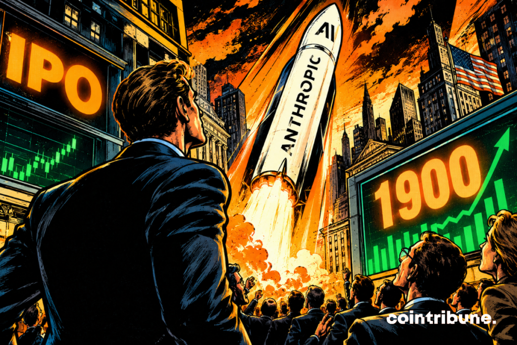 Anthropic is preparing its IPO while a rocket symbolizes colossal financial ambitions and market euphoria in the face of AI.