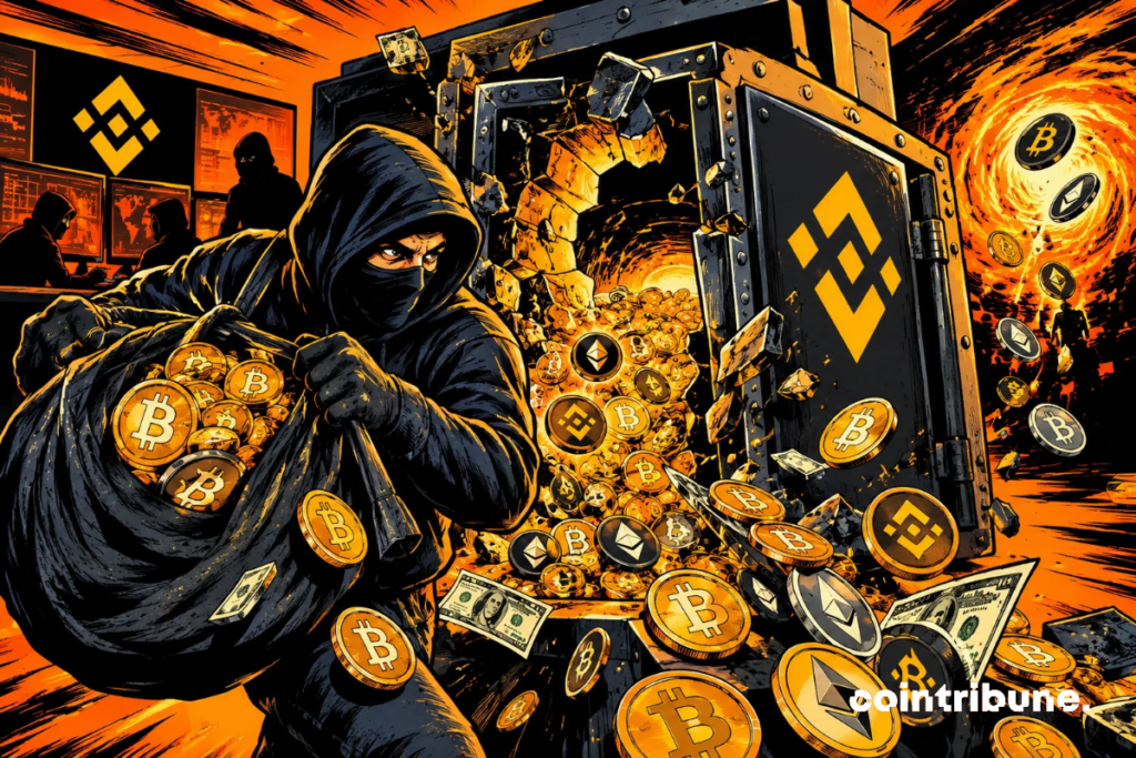 A hacker robs a giant Binance vault, taking billions in cryptocurrencies in a spectacular explosion of orange digital coins.