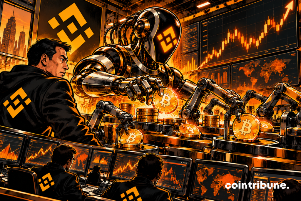 In the center, the large robot in Binance colors personifies AI. He dominates the room and directly manipulates crypto assets: the idea is that certain operations formerly carried out manually by traders can now be executed automatically by algorithmic systems. Robotic arms reinforce this idea of ​​automation. They move bitcoins like on a production line: trading visually becomes a factory operating continuously, with speed and repetition. On the left and in the foreground, human traders remain present, but they mainly occupy a surveillance position. This contrast suggests that humans now supervise an infrastructure where the machine takes over an increasing part of the execution. The numerous financial screens represent the constant analysis of markets and data by AI. The global map also suggests a system capable of simultaneously monitoring an internationally operating crypto market.