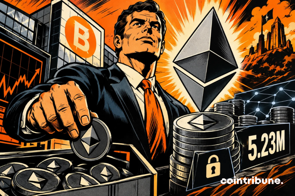 A determined executive grabs a giant Ethereum, while locked tokens symbolize BitMine's massive staking and share buybacks.