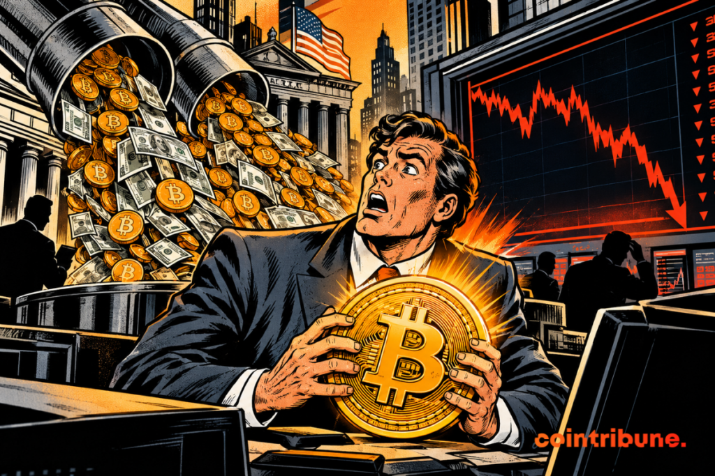 A worried investor holds a Bitcoin in front of a falling stock chart, while coins and notes pile up in front of a US bank.