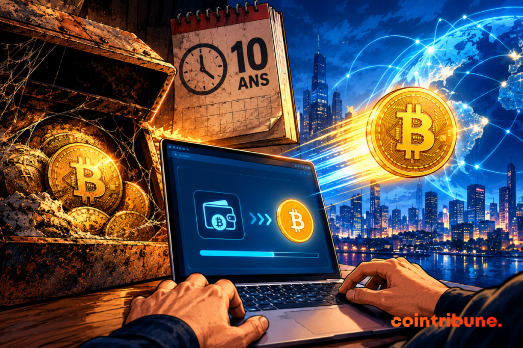 Bitcoin illustration showing the transfer of cryptocurrencies on a computer, with a golden Bitcoin coin, a digital wallet and a calendar symbolizing a decade of evolution.
