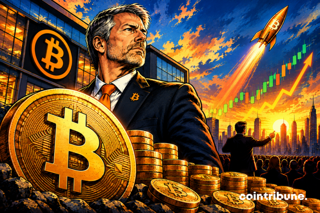 Michael Saylor in front of a giant bitcoin coin, stacks of golden tokens and a bullish chart depicting Strategy accumulation.
