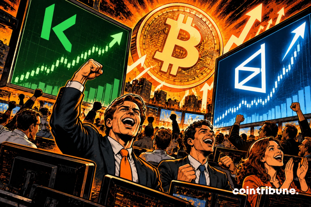 The scene illustrates the craze for betting on the price of Bitcoin, which is propelling Kalshi and Polymarket to record activity. In the center, a gigantic luminous Bitcoin coin dominates a bustling trading room. In the foreground, enthusiastic traders celebrate rising betting volumes. On the left, the green screen symbolizes Kalshi, while the blue screen represents Polymarket. The ascending graphs and orange arrows speak to the spectacular growth of these prediction platforms. All of this underlines the growing interest of investors in betting on Bitcoin, without meaning that its price is necessarily increasing.