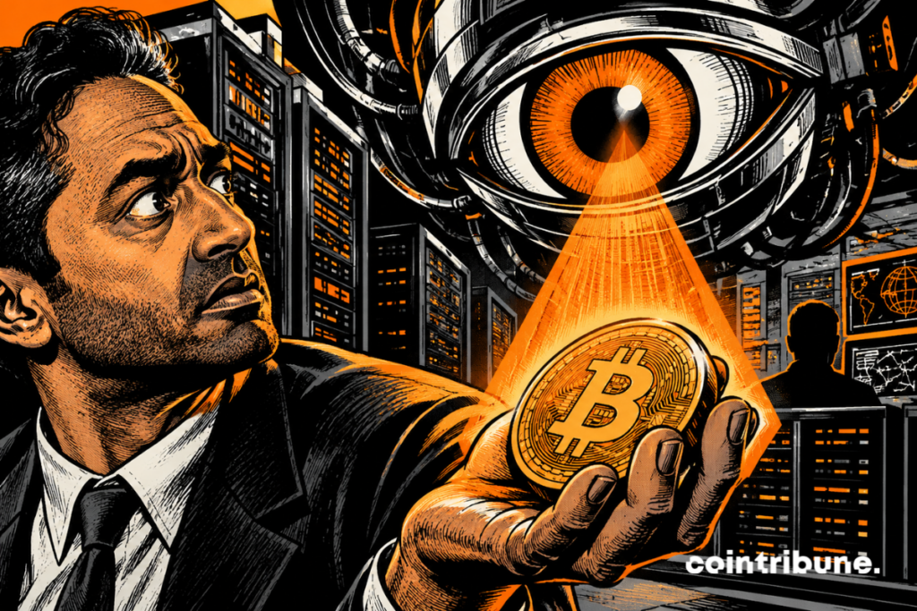 Chamath Palihapitiya observes a bitcoin under the beam of a giant artificial eye in a data center, illustrating fears of hacking by AI.