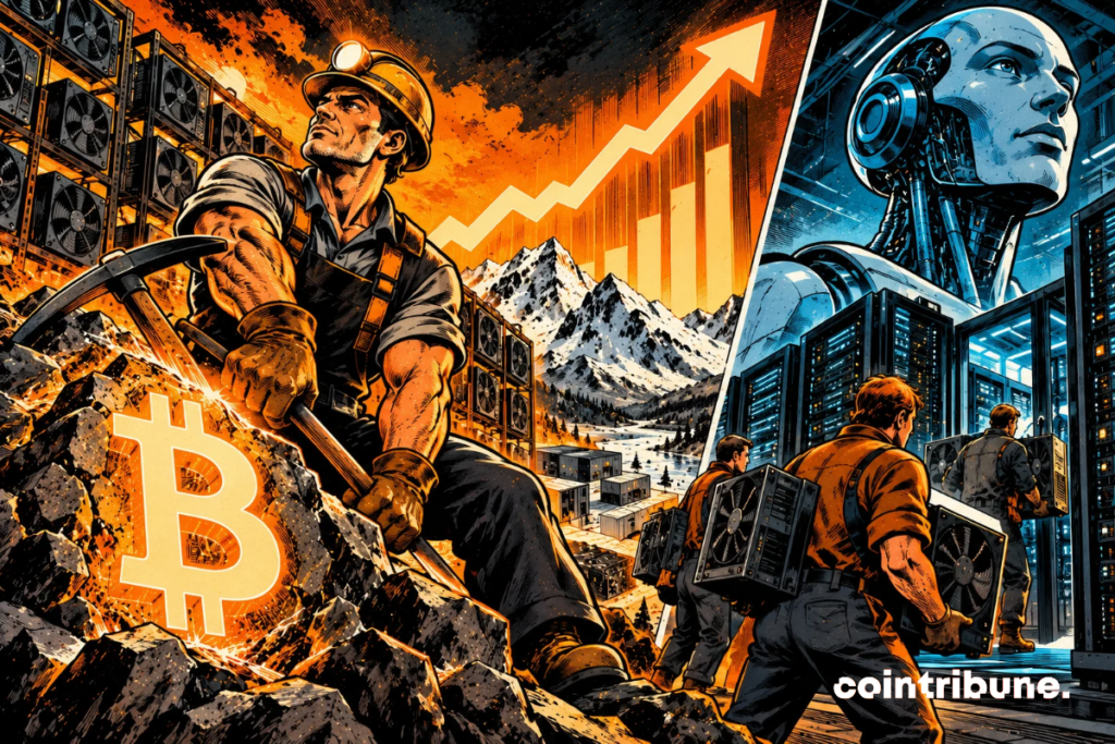 The scene illustrates the rise in the computing power of the Bitcoin network despite the diversification of miners towards artificial intelligence. On the left, a determined miner works in front of specialized machines, symbolizing the resilience of Bitcoin mining. The gigantic glowing coin and upward arrow represent the increase in hashrate. On the right, a futuristic robot dominates a data center where technicians install servers for AI. The contrast between orange and blue highlights two distinct technological activities. All in all, it shows that the rise of AI does not necessarily prevent the Bitcoin network from strengthening its computing power.