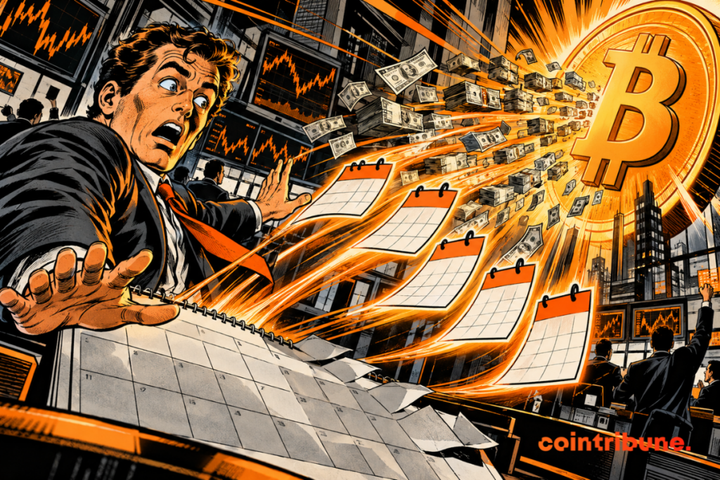 Illustration of a surprised trader faced with several calendars and wads of dollars projected towards a Bitcoin symbol, against a background of stock charts.