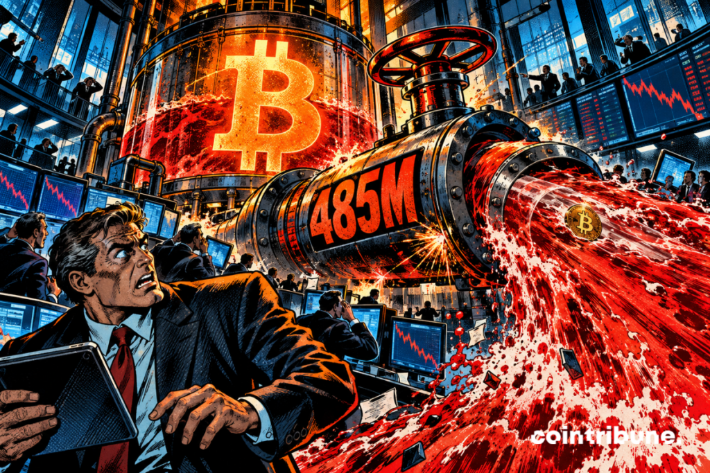 A flow of 485M leaves a Bitcoin-linked ETF tank in a tense crypto trading room.