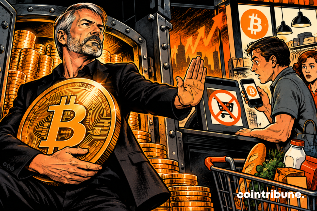 The scene illustrates Michael Saylor's belief that Bitcoin should be held rather than used for everyday purchases. On the left, Saylor protects a gigantic Bitcoin coin in front of a chest full of cryptocurrencies, symbolizing his long-term accumulation strategy. His raised hand expresses his opposition to BTC spending. On the right, a surprised consumer tries to pay for his groceries with his smartphone, but a prohibition symbol blocks the payment. The upward arrow indicates the appreciation potential of Bitcoin. The whole thing opposes two visions: Bitcoin as a store of value and Bitcoin as a means of payment.