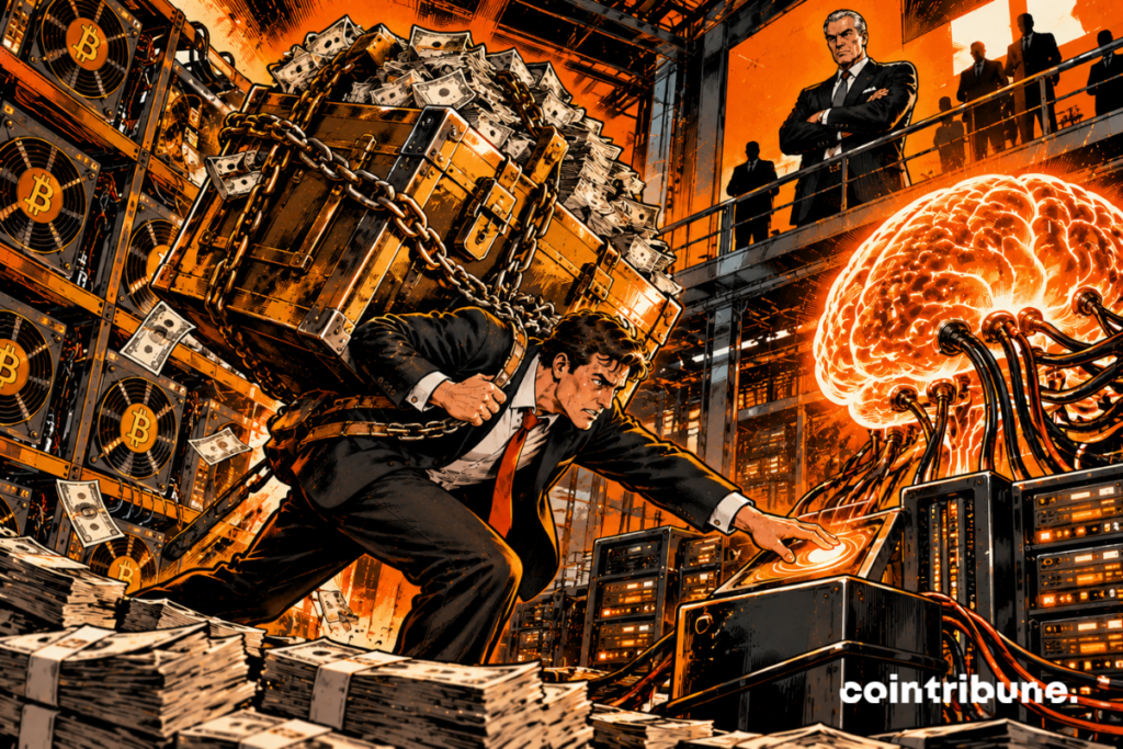 A Bitcoin mining company executive bent under a huge chest full of bills and tied by chains, tries to activate a glowing AI brain connected to his mining servers, while a stern banker watches from a platform.