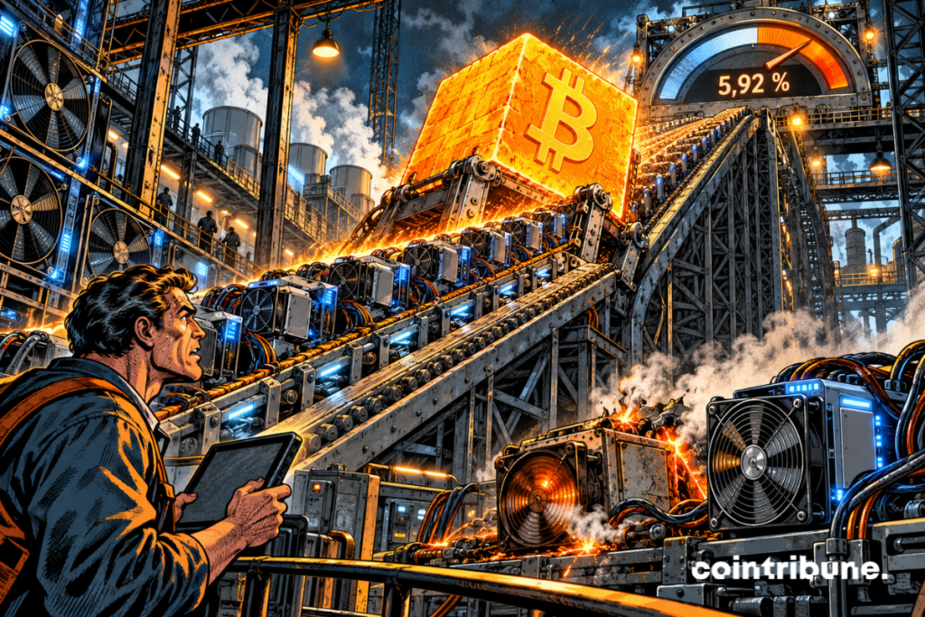 Bitcoin mining machines push a giant block up a steeper ramp beneath a dial reading 5.92%.