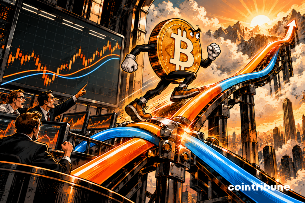 A powerful personified Bitcoin is racing upwards on a gigantic financial ramp. Beneath his feet, two large moving metal curves arrive from different directions. They just cross each other then lock together like two mechanical rails. At the moment of crossing, a huge orange mechanism engages and transforms the two curves into a much more robust ascending ramp. Bitcoin looks to the top with determination and accelerates, while several analysts observe the signal formation from a platform lower down.