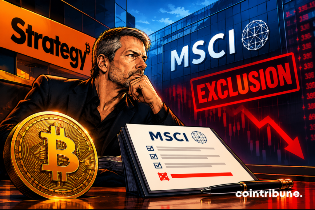 Michael Saylor in front of the MSCI logo, an exclusion file and a falling stock chart, with a bitcoin in the foreground.