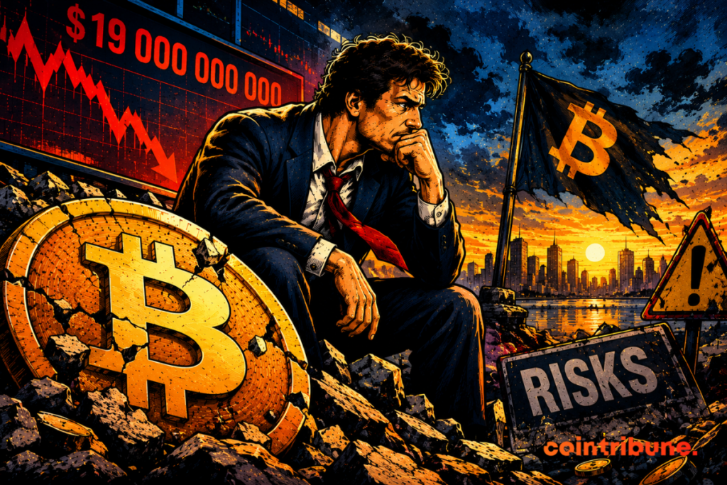A worried trader sitting on a broken Bitcoin symbol, in front of a falling red chart and a sign warning of market risks.
