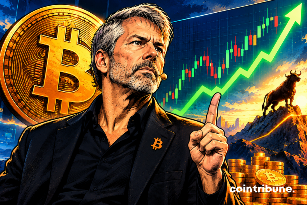 Illustration of Michael Saylor in front of a giant Bitcoin, a bullish chart and a bull symbolizing the rise of the market.